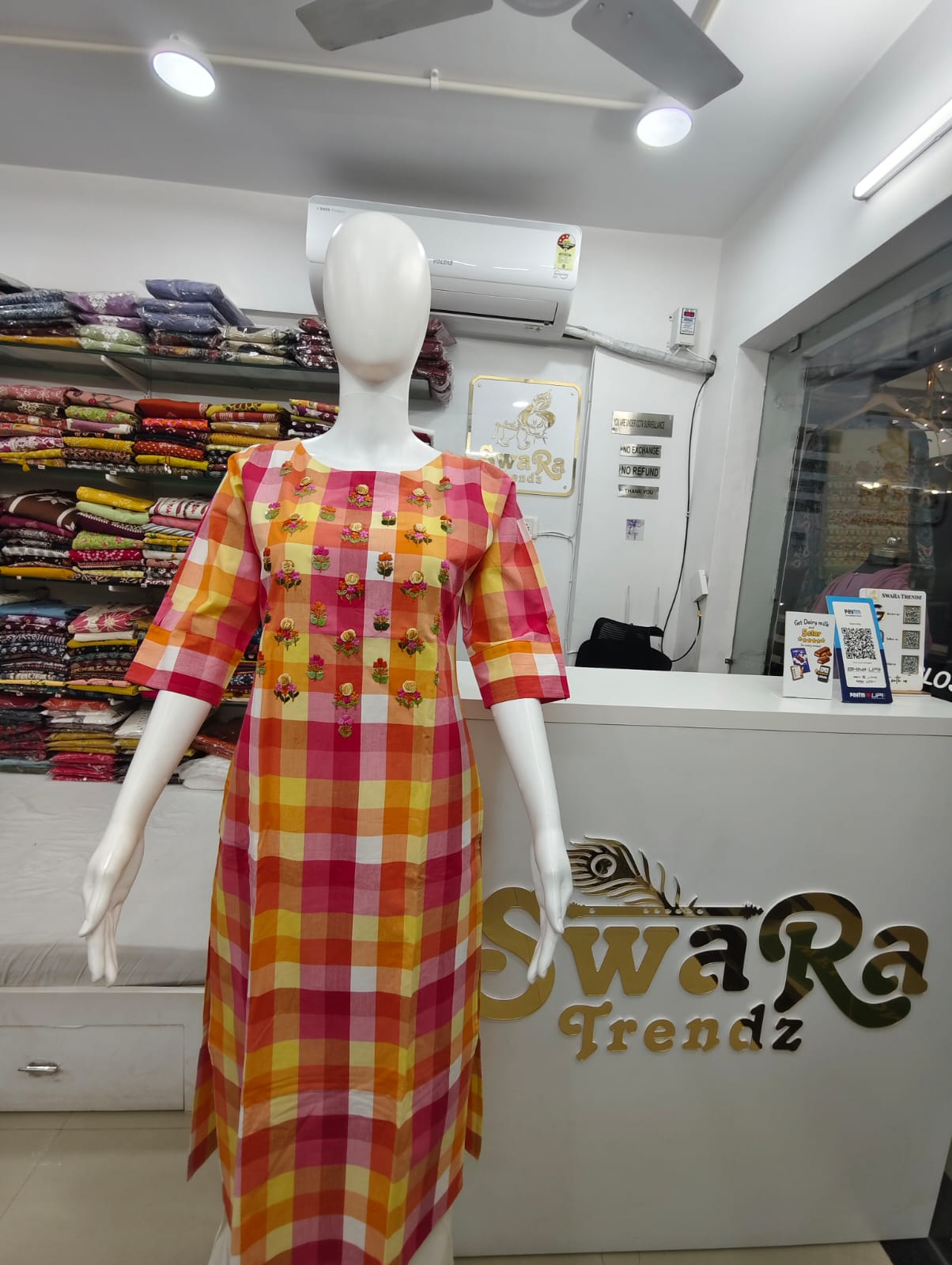 Multicolor Checkered Cotton Kurta with Floral hand Embroidery (Only Kurti)