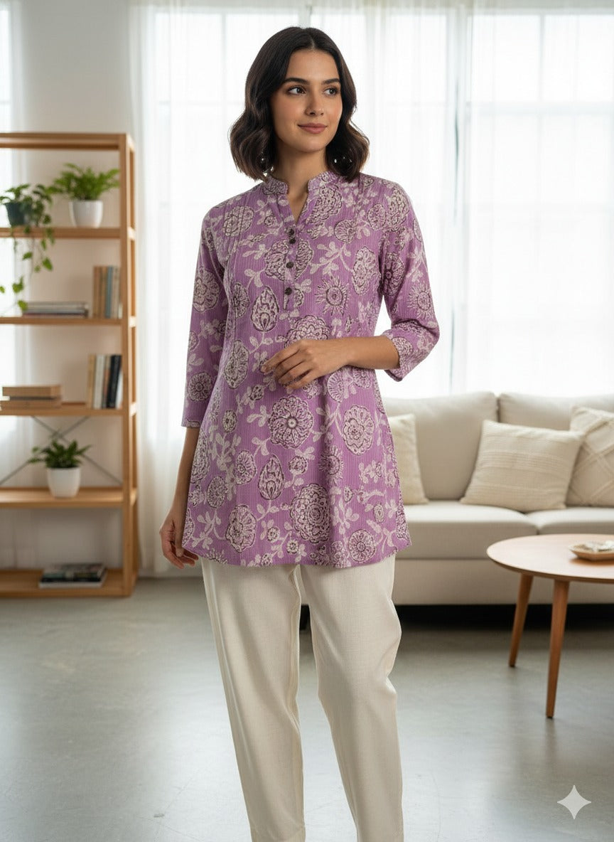 Lavender Bloom Printed Kurti with Beige Straight Pants Set