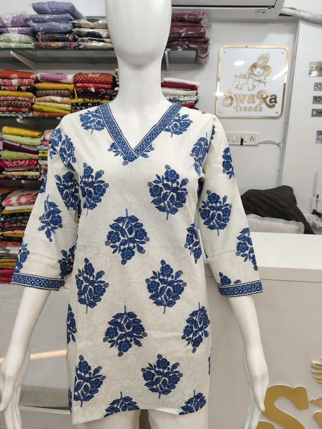 Off-White & Blue Printed Cotton Top | V-Neck Straight Fit Short Kurti