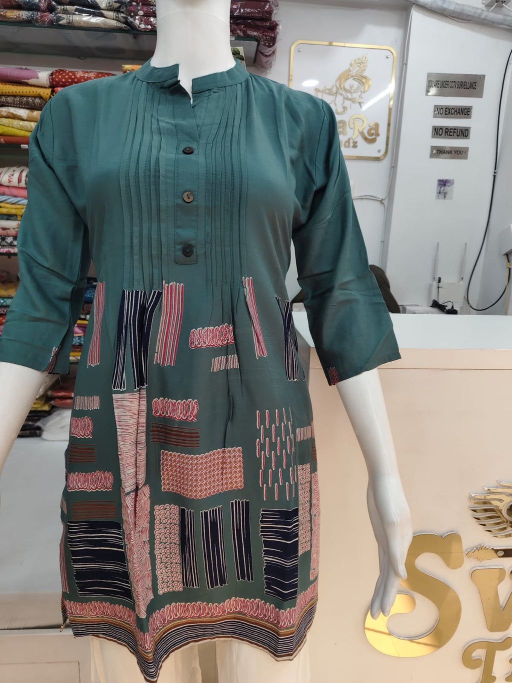 Teal Green Viscose Rayon Printed Kurti Top