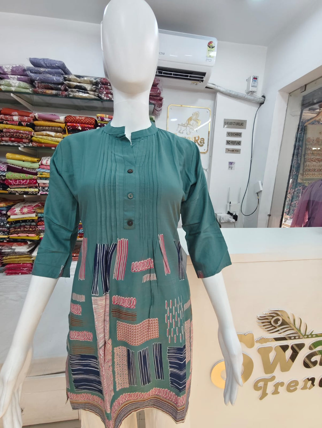 Teal Green Viscose Rayon Printed Kurti Top
