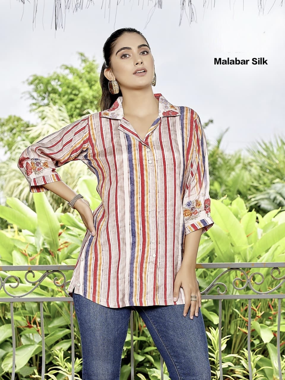 Multicolor Striped Malabar Silk Women’s Shirt-Style Top