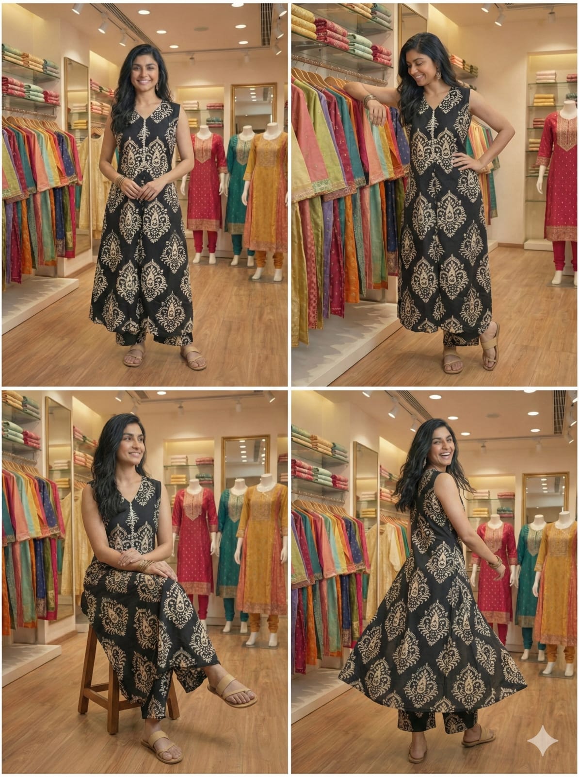 Black & Ivory Printed Sleeveless A-Line Kurti Dress ( Sleeves Attached)