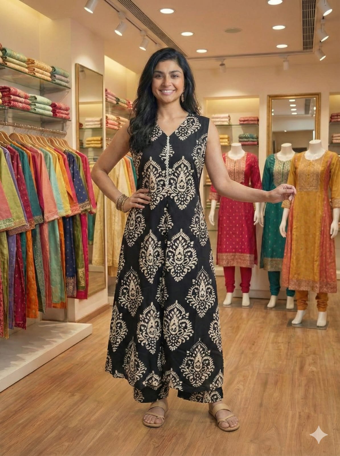 Black & Ivory Printed Sleeveless A-Line Kurti Dress ( Sleeves Attached)