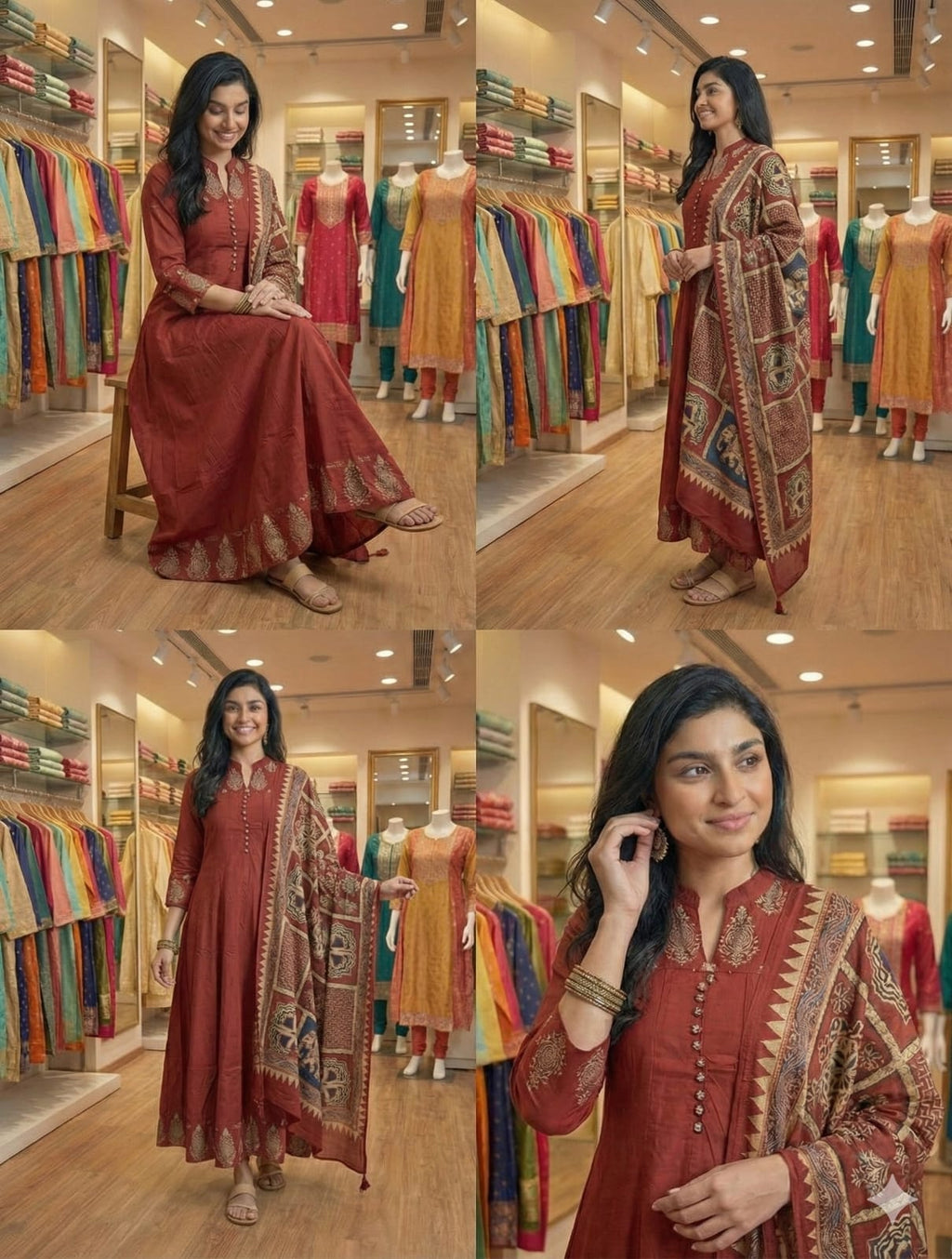 Rust Red Printed Anarkali Kurta Set with Designer Dupatta