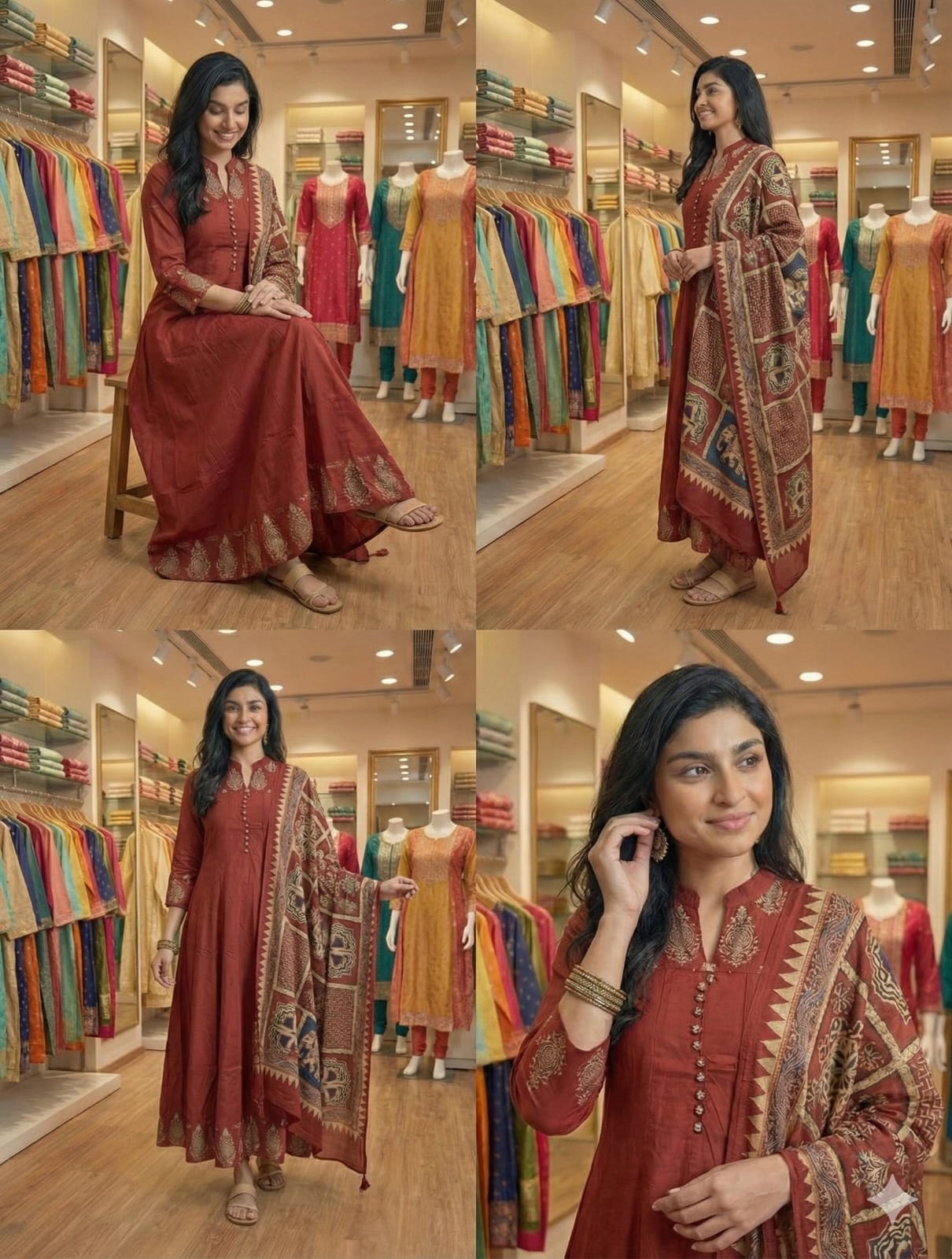 Rust Red Printed Anarkali Kurta Set with Designer Dupatta