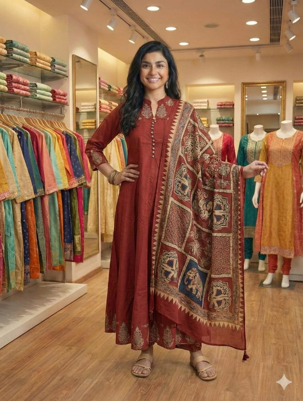 Rust Red Printed Anarkali Kurta Set with Designer Dupatta