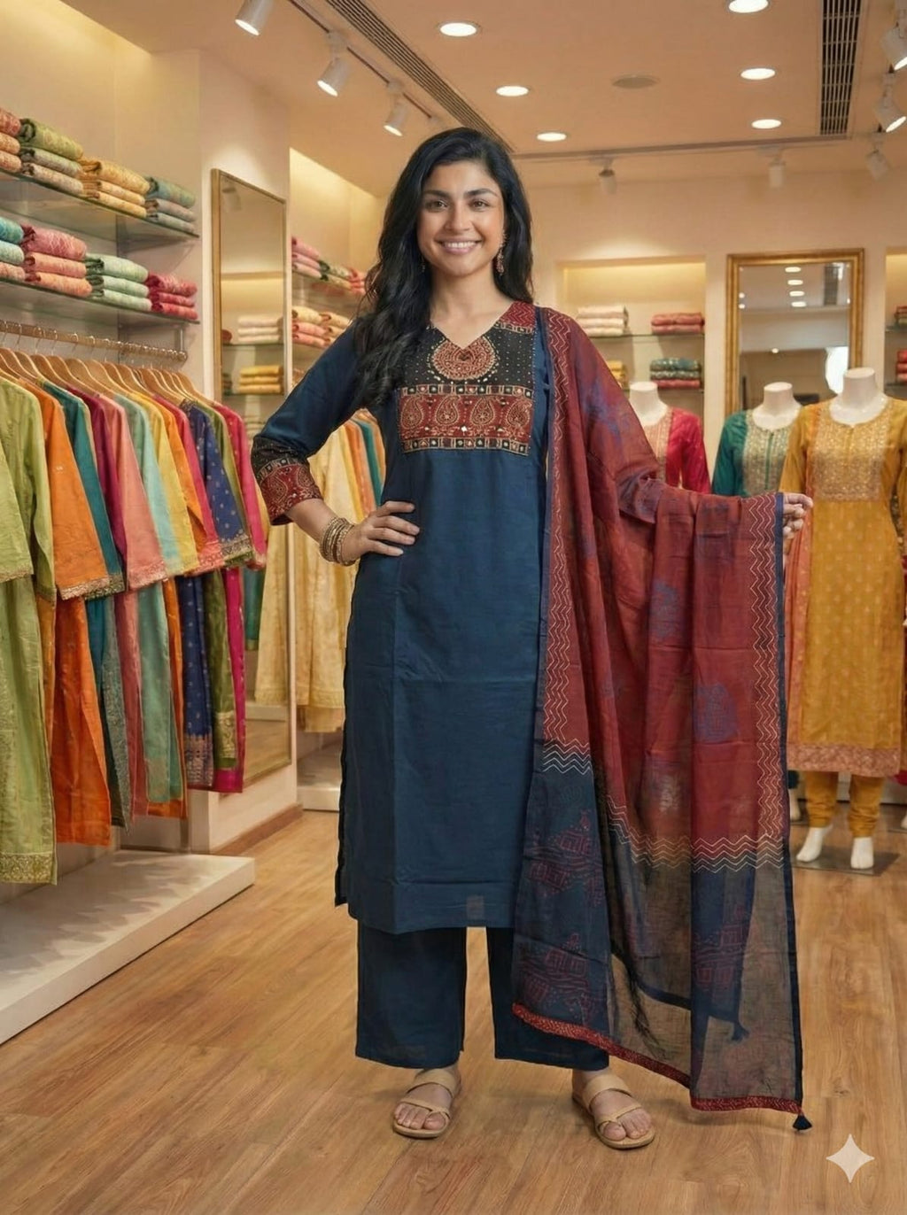 Dark Blue Ethnic Printed Kurta Set with Contrast Dupatta