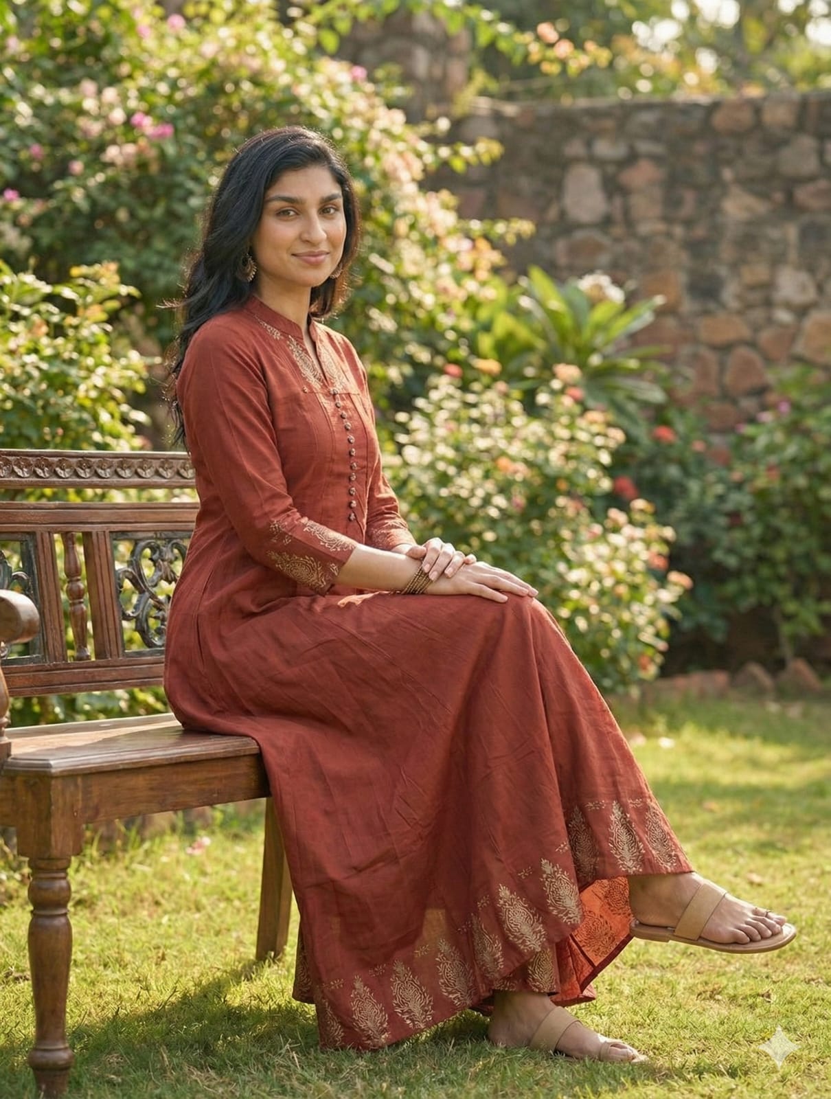Rust Red Printed Anarkali Kurta Set with Designer Dupatta