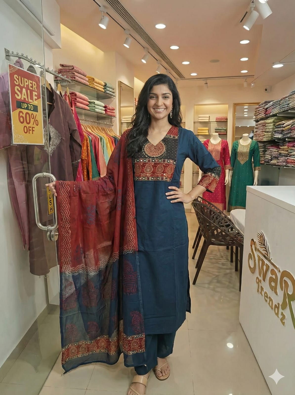 Dark Blue Ethnic Printed Kurta Set with Contrast Dupatta
