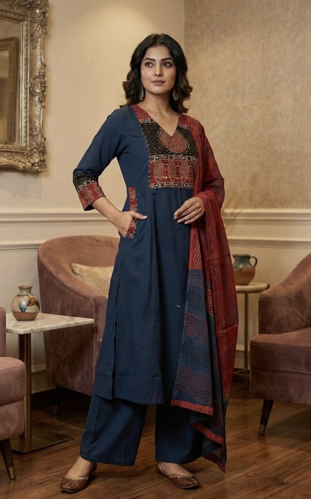 Dark Blue Ethnic Printed Kurta Set with Contrast Dupatta