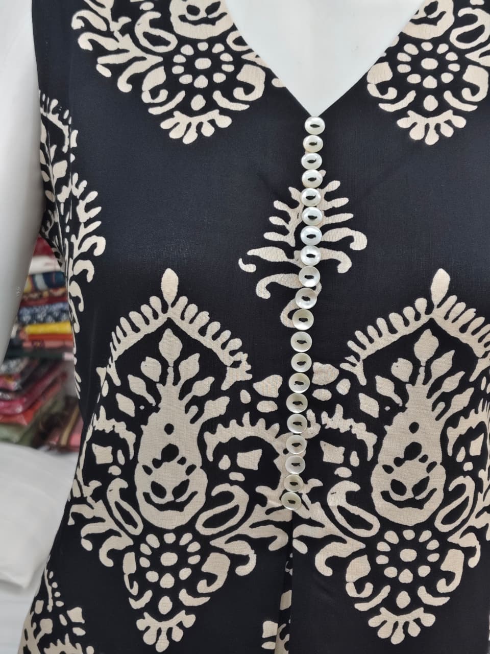 Black & Ivory Printed Sleeveless A-Line Kurti Dress ( Sleeves Attached)