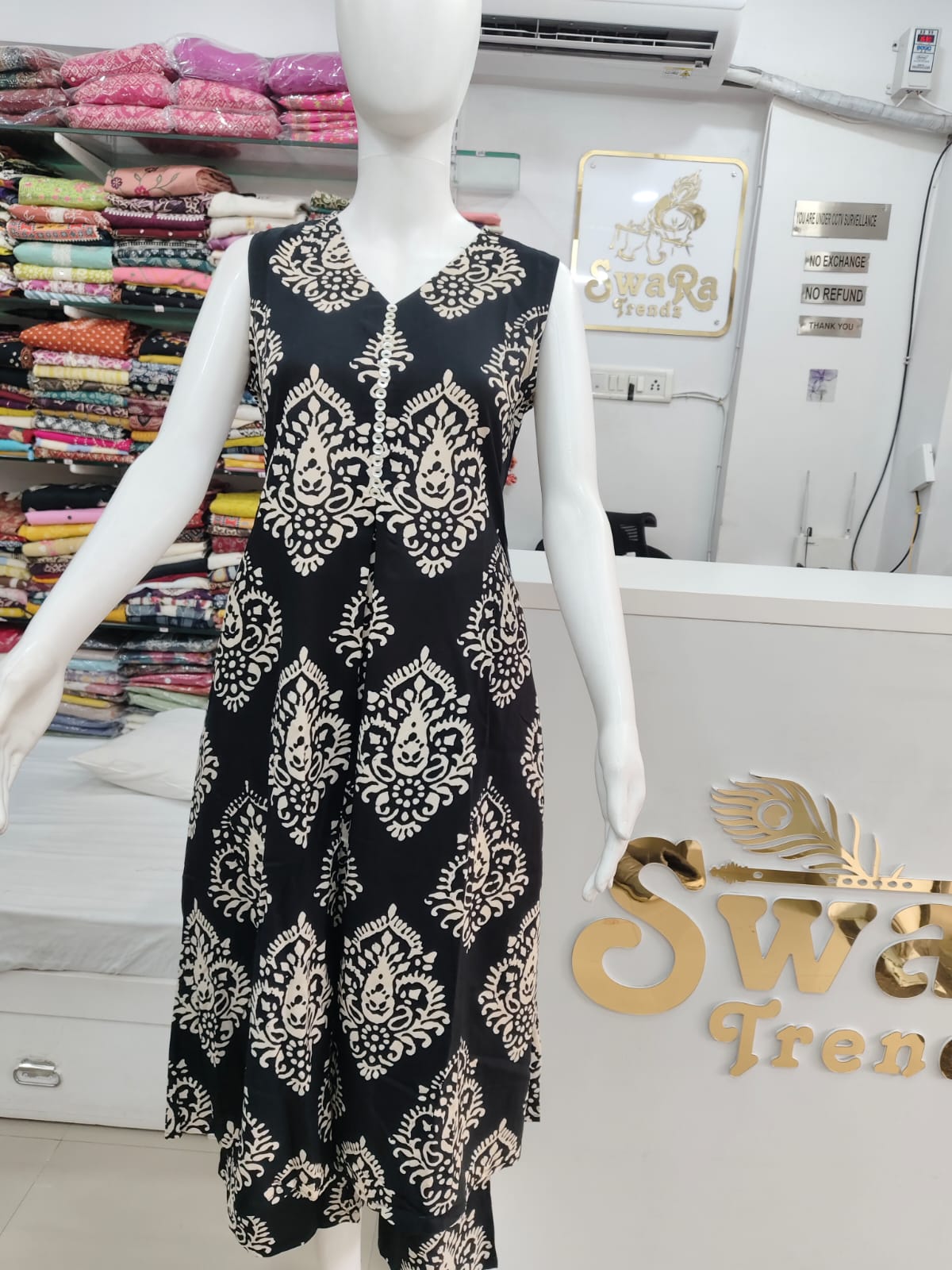 Black & Ivory Printed Sleeveless A-Line Kurti Dress ( Sleeves Attached)