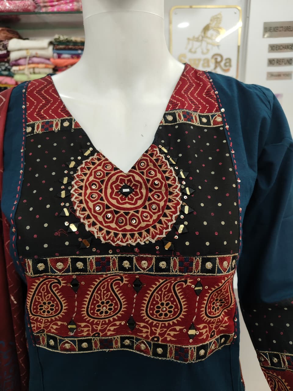 Dark Blue Ethnic Printed Kurta Set with Contrast Dupatta