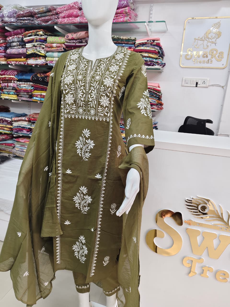 Olive Green Embroidered Kurta Set with Elegant Dupatta