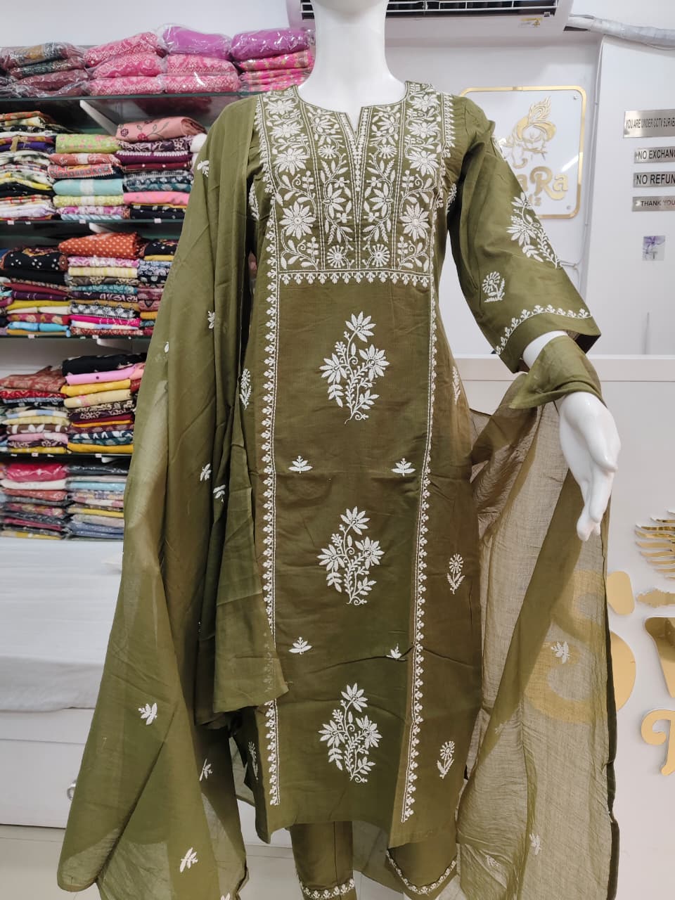 Olive Green Embroidered Kurta Set with Elegant Dupatta