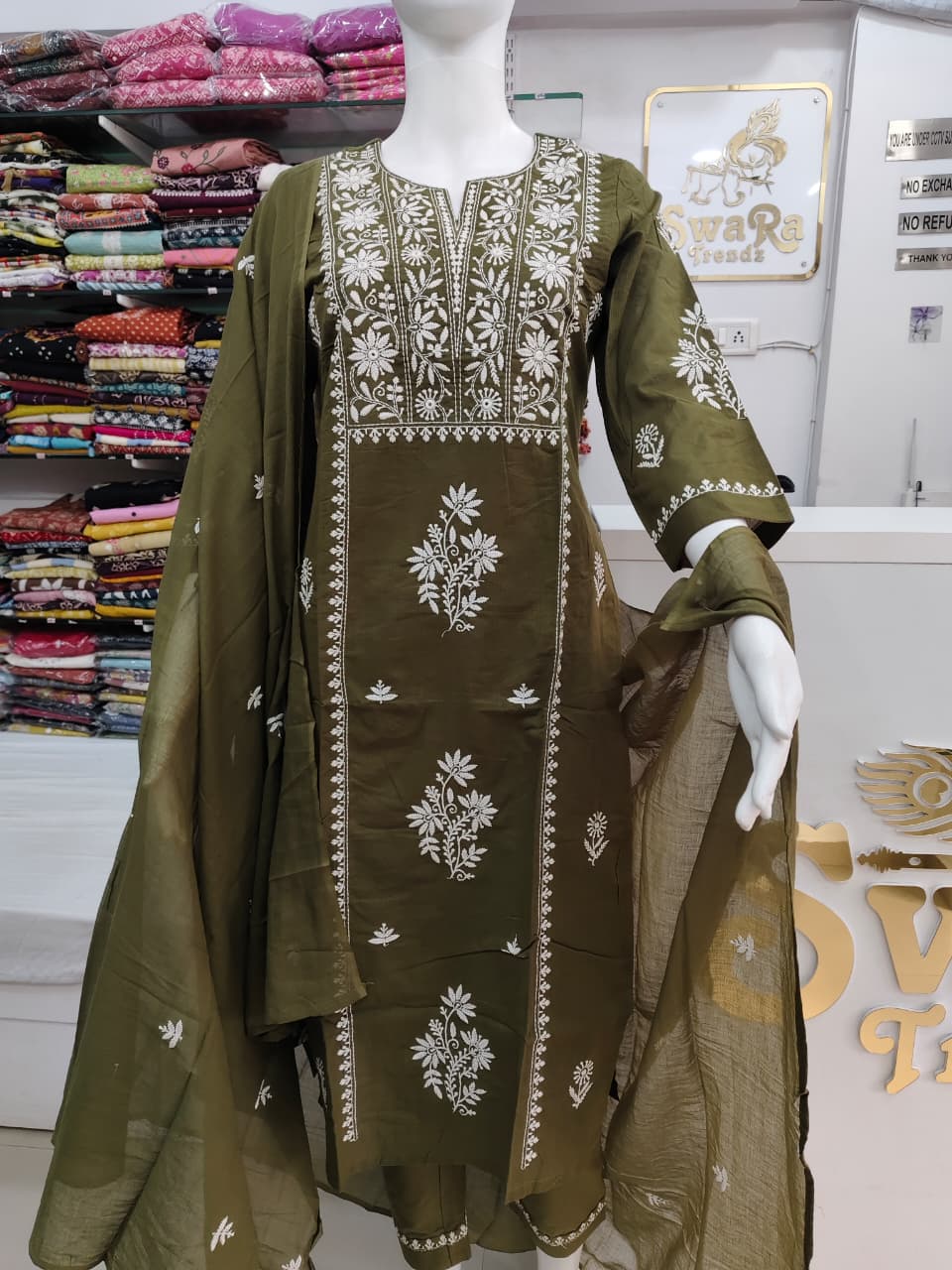 Olive Green Embroidered Kurta Set with Elegant Dupatta