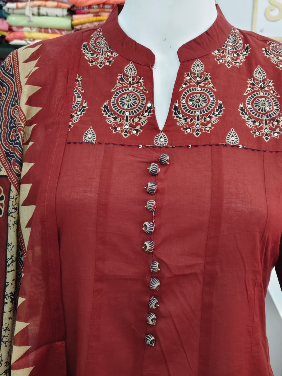 Rust Red Printed Anarkali Kurta Set with Designer Dupatta