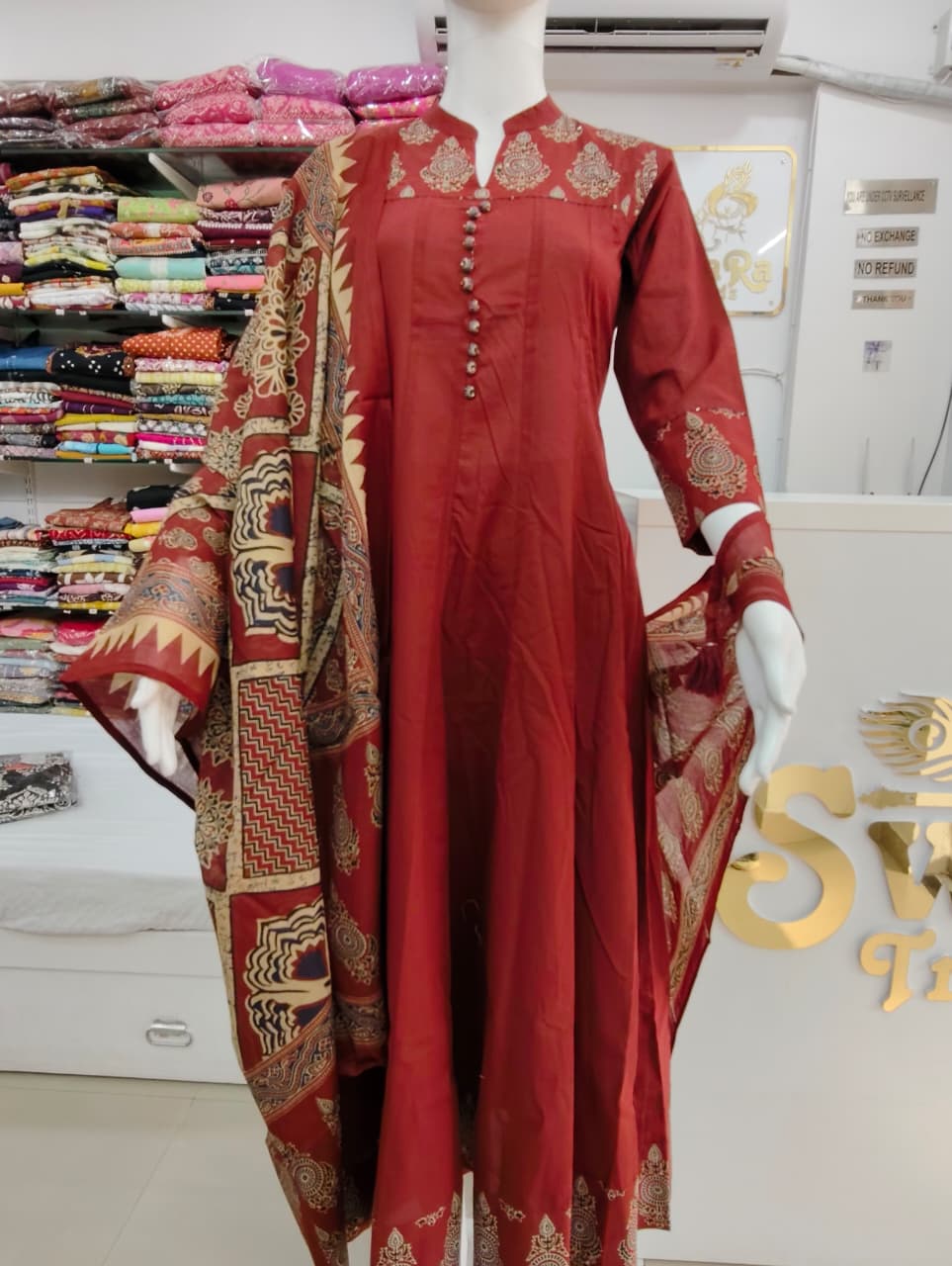 Rust Red Printed Anarkali Kurta Set with Designer Dupatta