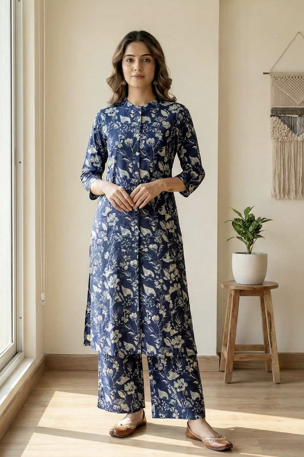 Navy Blue Floral Printed Kurta Set for Women