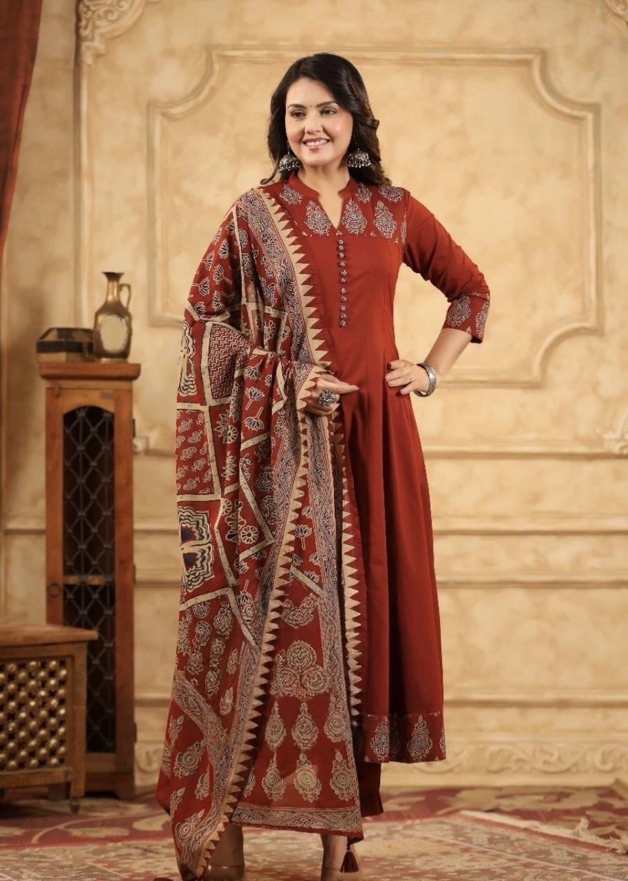 Rust Red Printed Anarkali Kurta Set with Designer Dupatta
