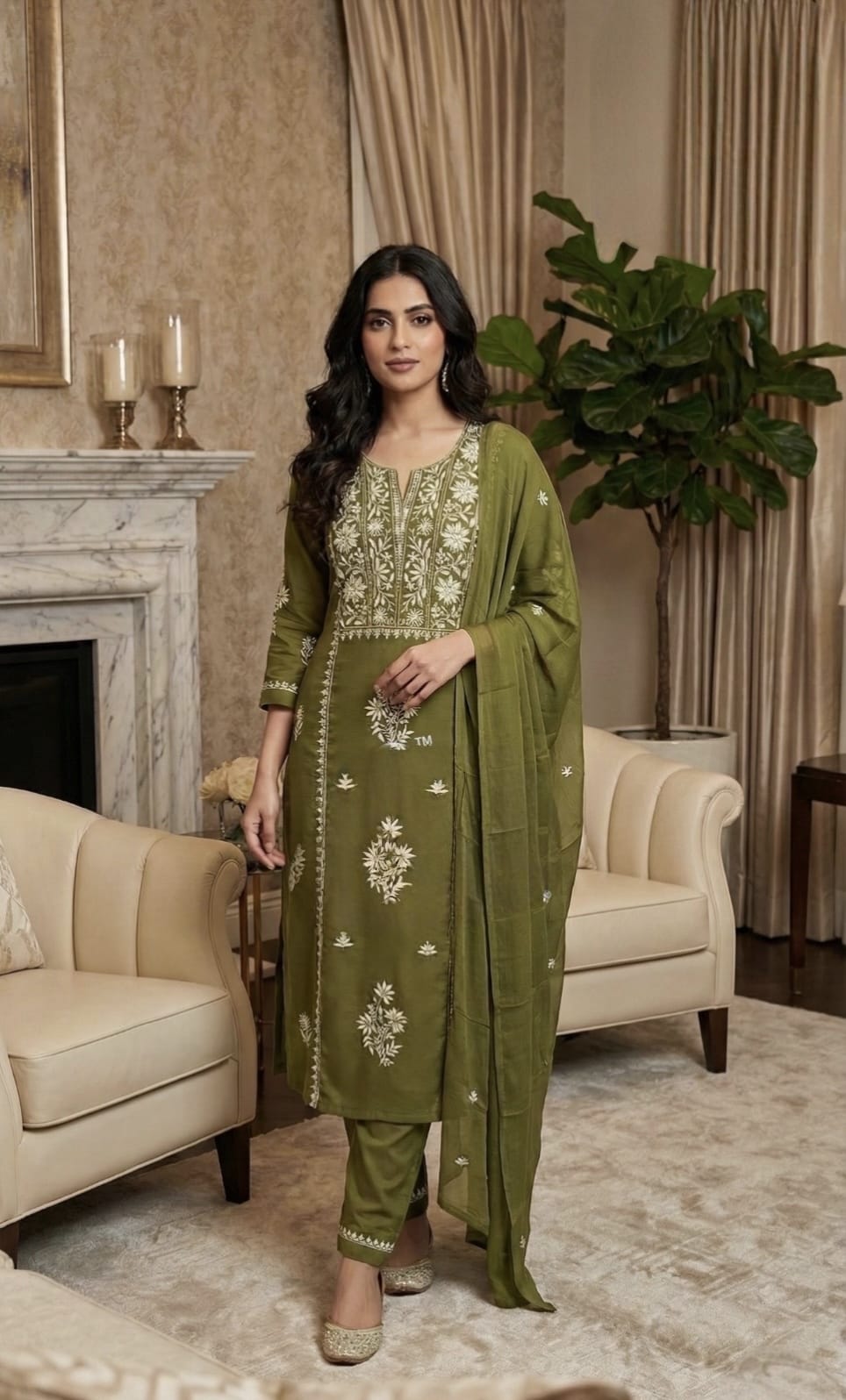 Olive Green Embroidered Kurta Set with Elegant Dupatta