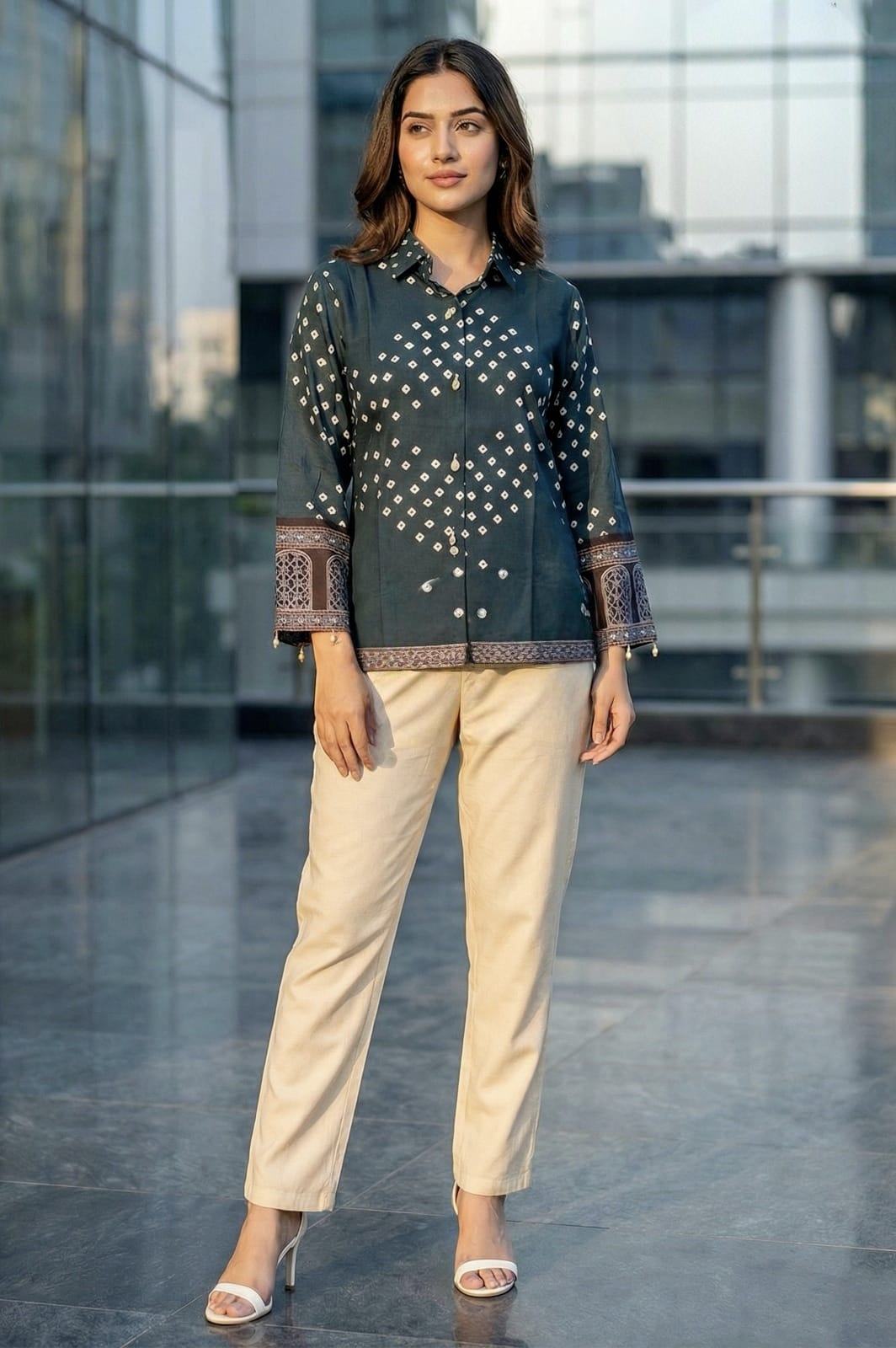 Teal Bandhani Print Designer Shirt Kurti