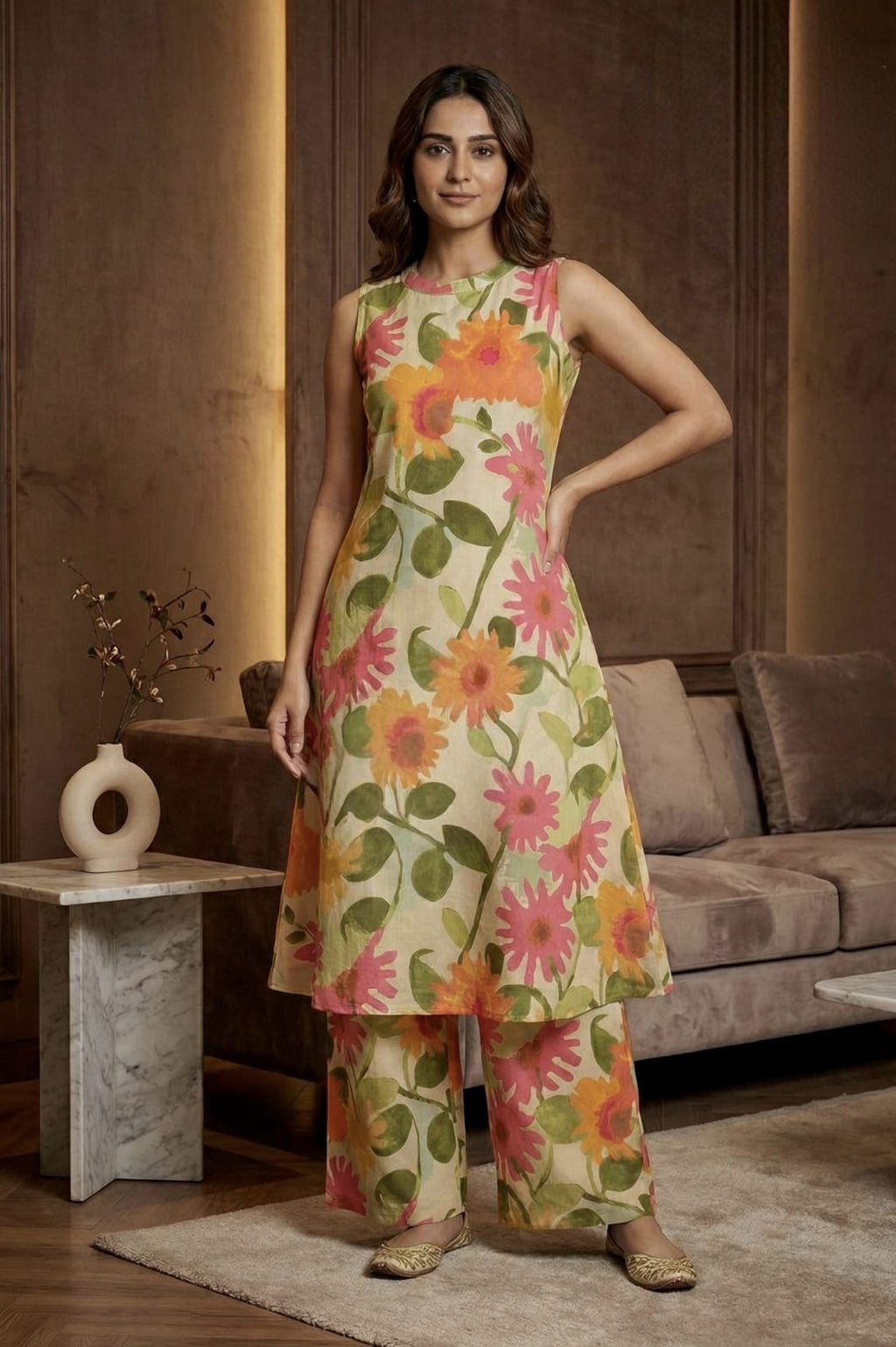 Elegant Floral Rayon Co-Ord Set for Women – Sleeveless A-Line Kurti with Palazzo ( Sleeves Attached)
