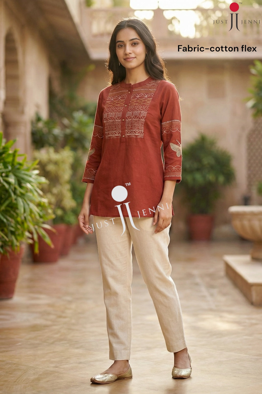 Maroon Embroidered Cotton Flex Kurti with Butterfly Sleeve Detail