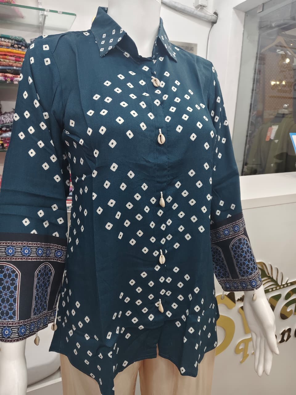 Teal Bandhani Print Designer Shirt Kurti