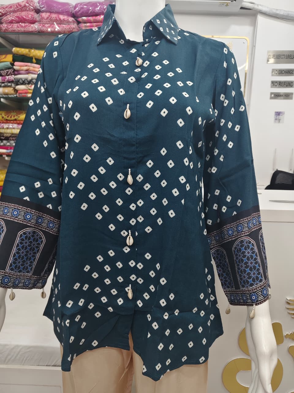 Teal Bandhani Print Designer Shirt Kurti