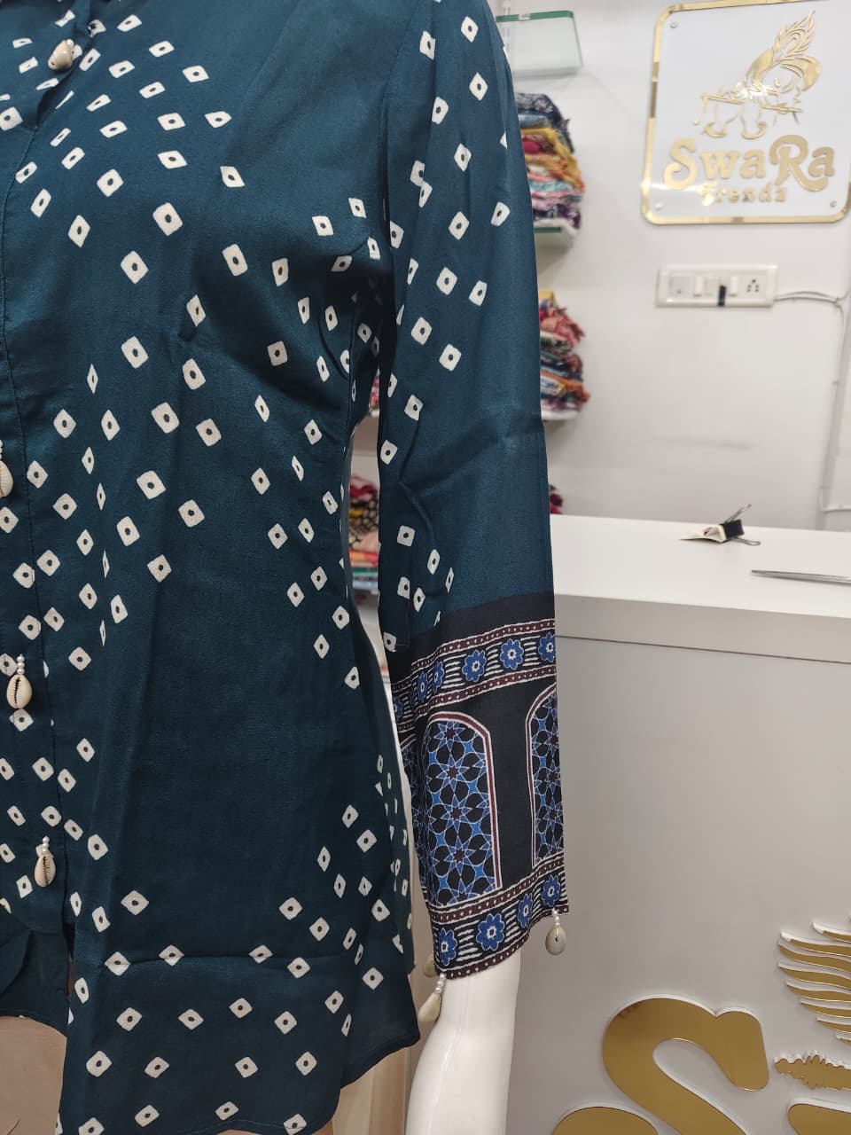 Teal Bandhani Print Designer Shirt Kurti