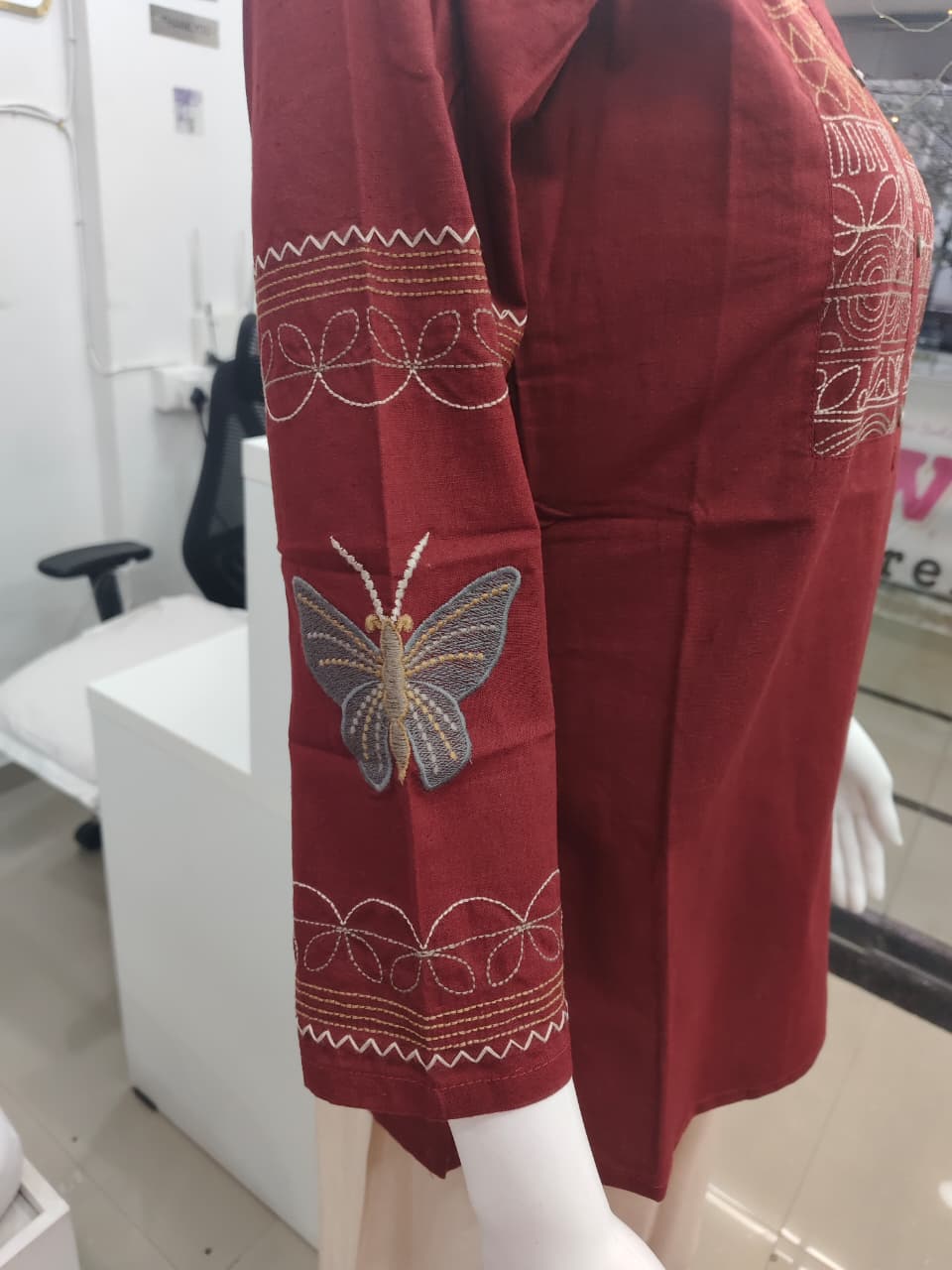 Maroon Embroidered Cotton Flex Kurti with Butterfly Sleeve Detail