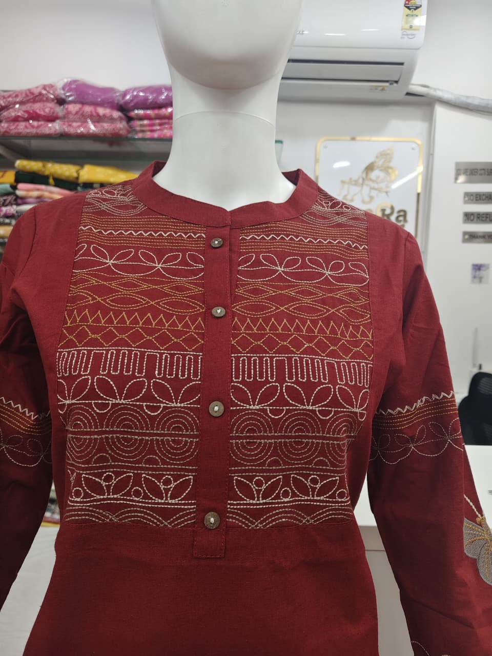 Maroon Embroidered Cotton Flex Kurti with Butterfly Sleeve Detail