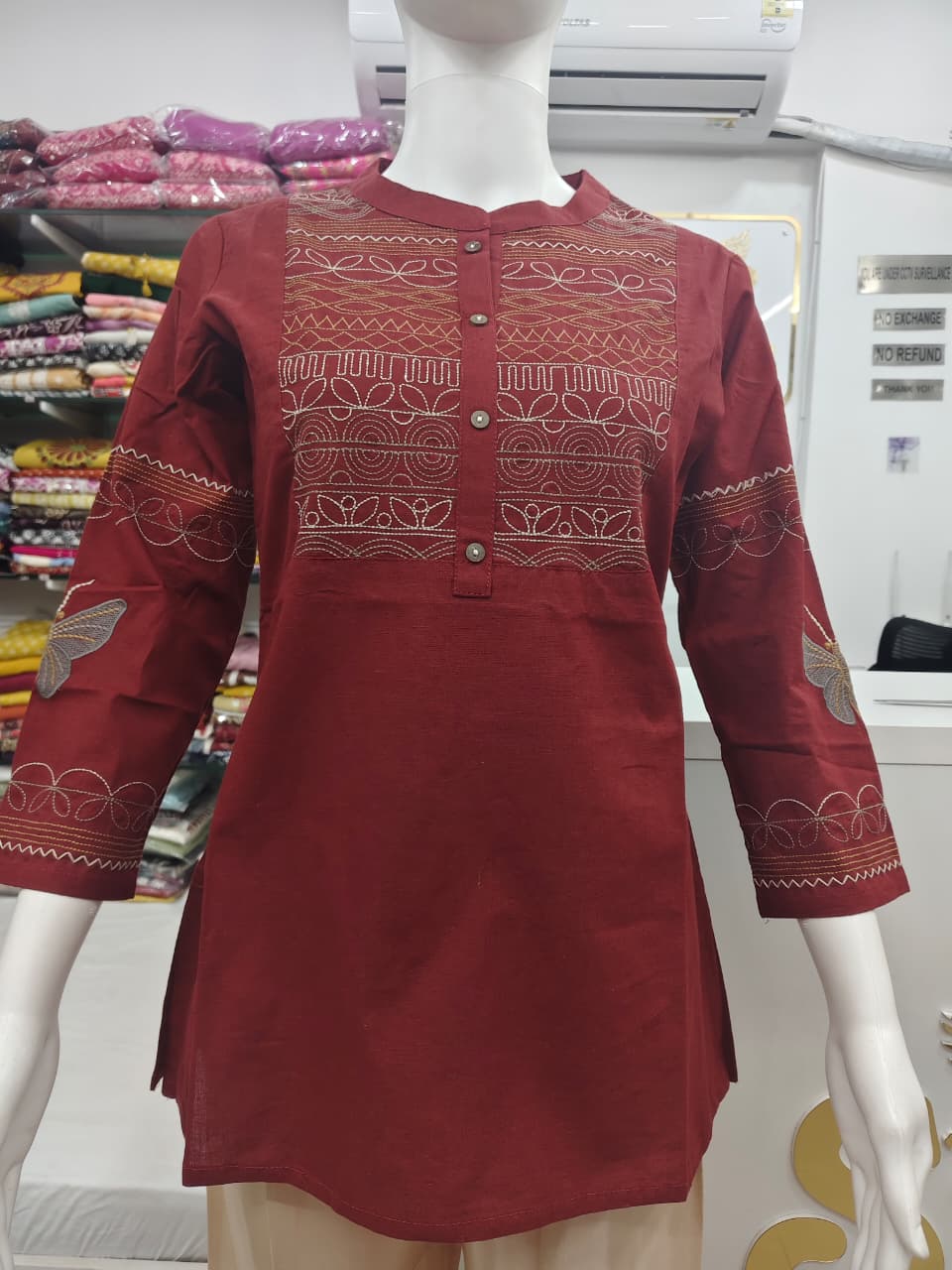 Maroon Embroidered Cotton Flex Kurti with Butterfly Sleeve Detail