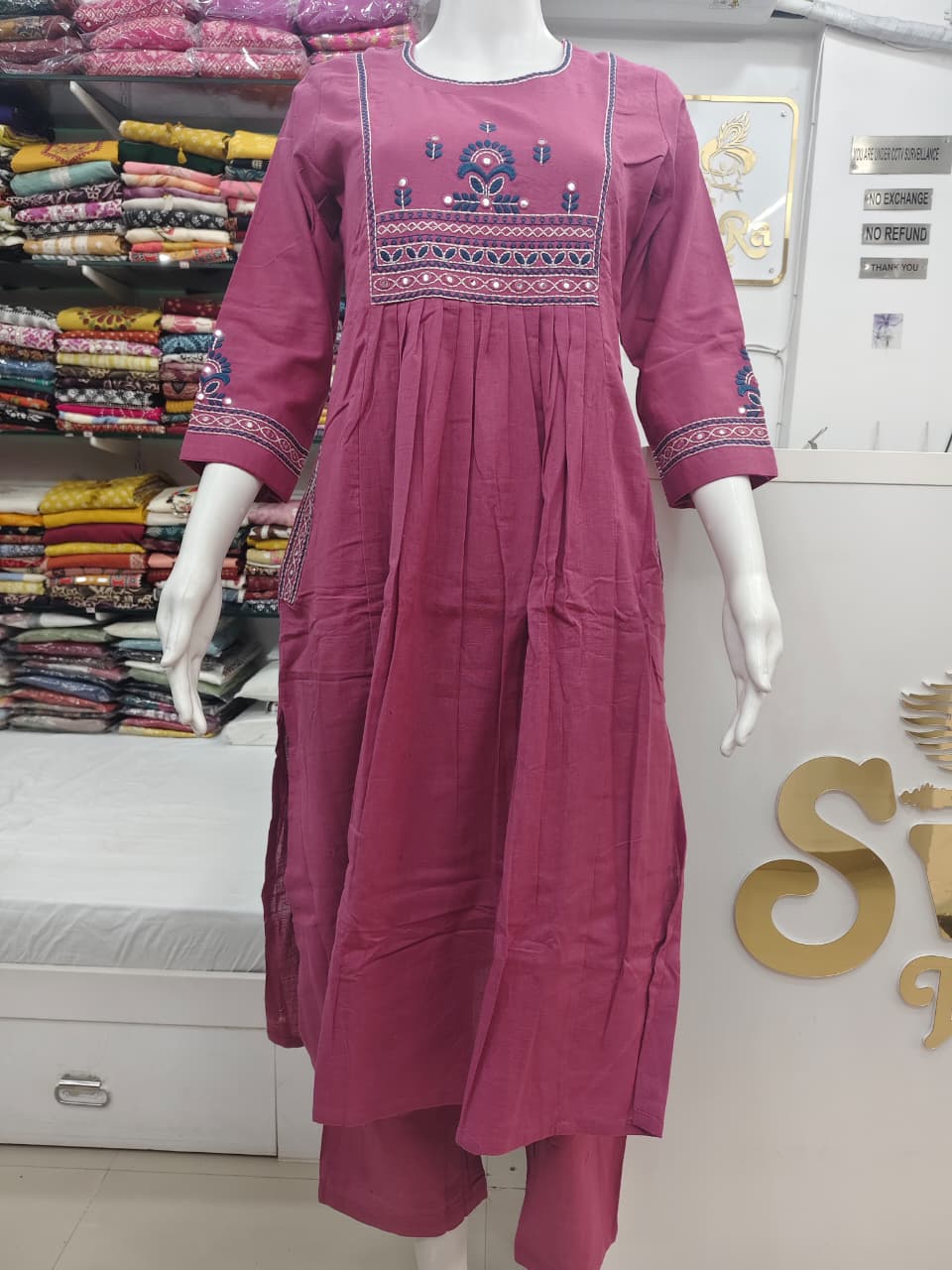 Rose Pink Cotton Flex Embroidered A-Line Kurta Set