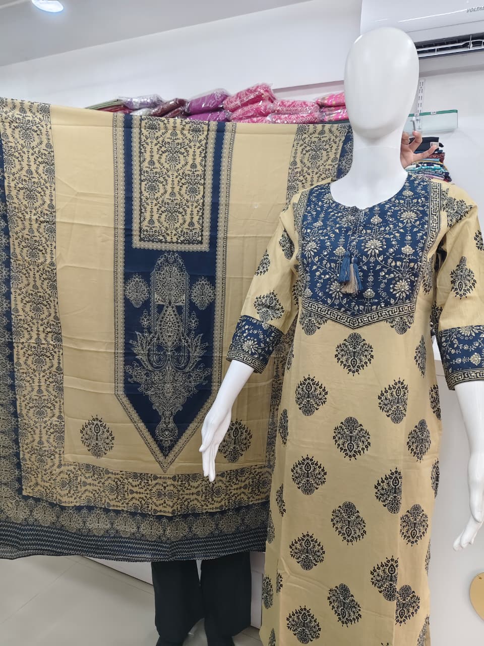 Royal Blue & Beige Printed Kurta Set with Dupatta