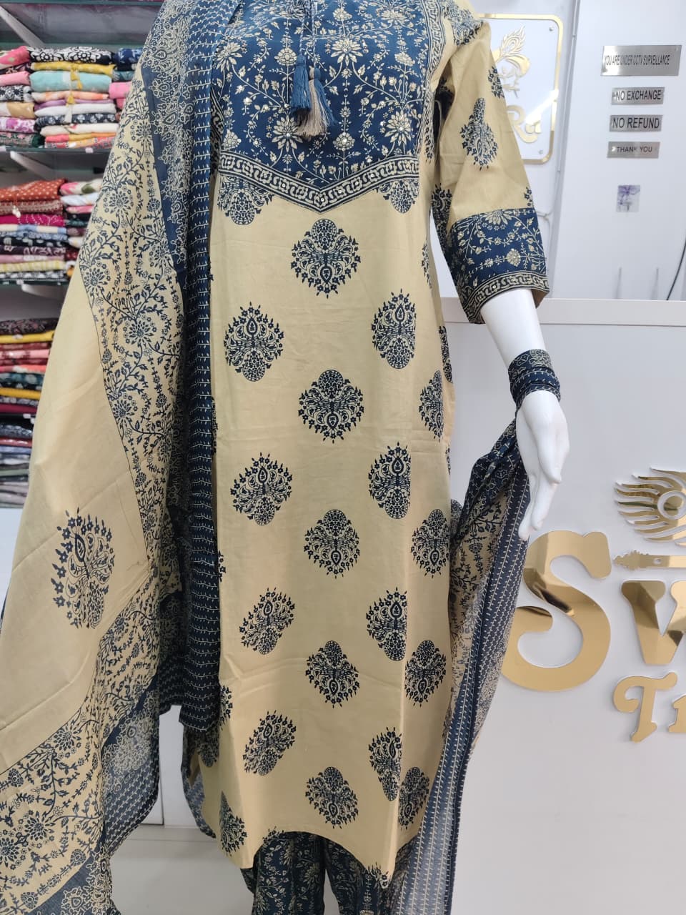 Royal Blue & Beige Printed Kurta Set with Dupatta