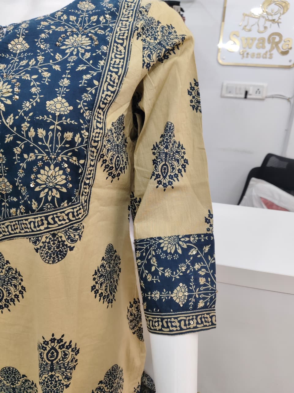 Royal Blue & Beige Printed Kurta Set with Dupatta