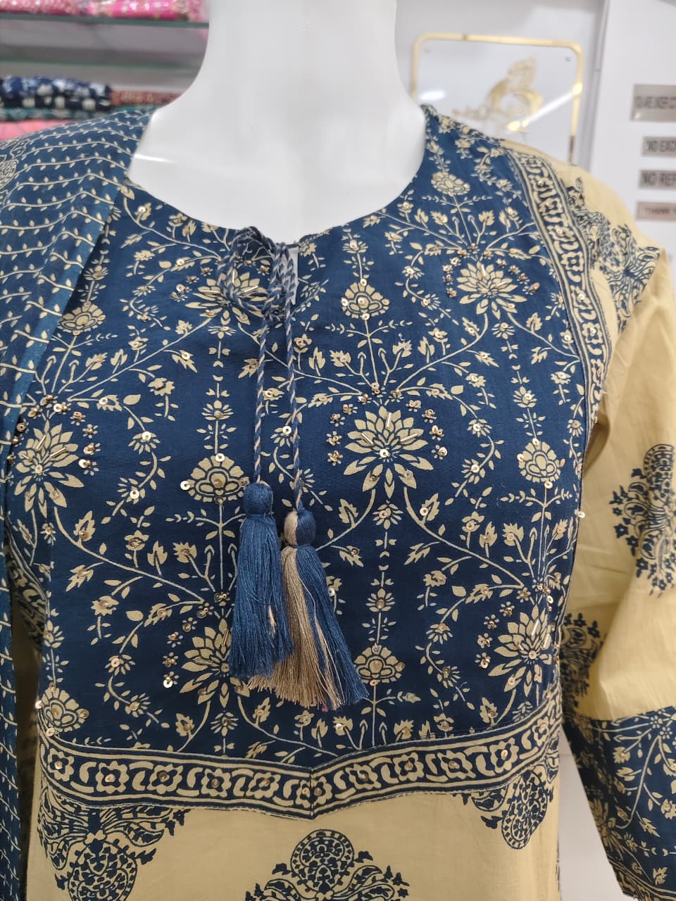 Royal Blue & Beige Printed Kurta Set with Dupatta