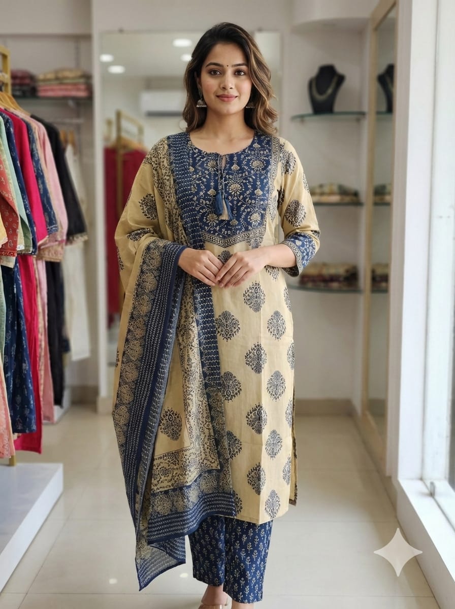 Royal Blue & Beige Printed Kurta Set with Dupatta