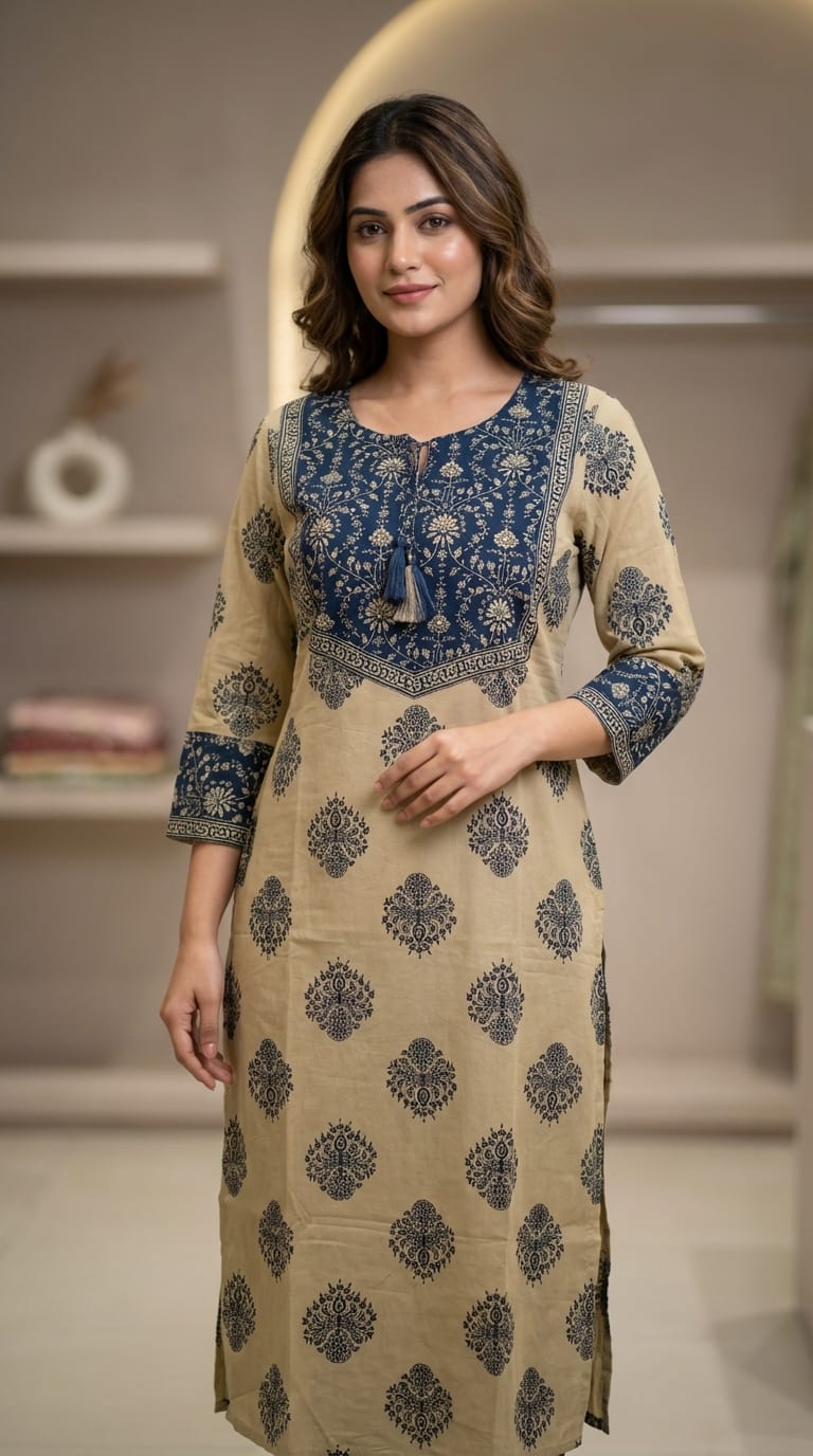 Royal Blue & Beige Printed Kurta Set with Dupatta