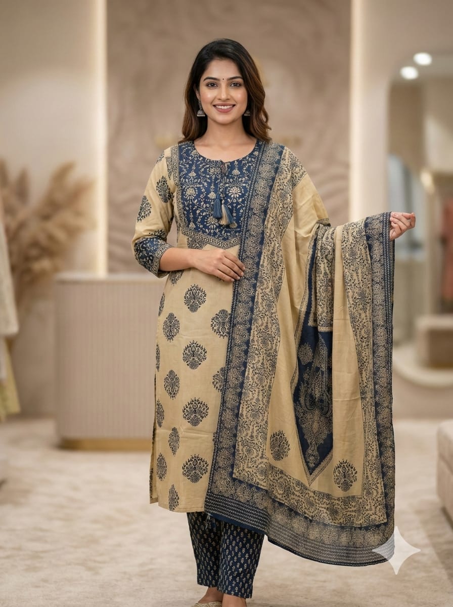Royal Blue & Beige Printed Kurta Set with Dupatta