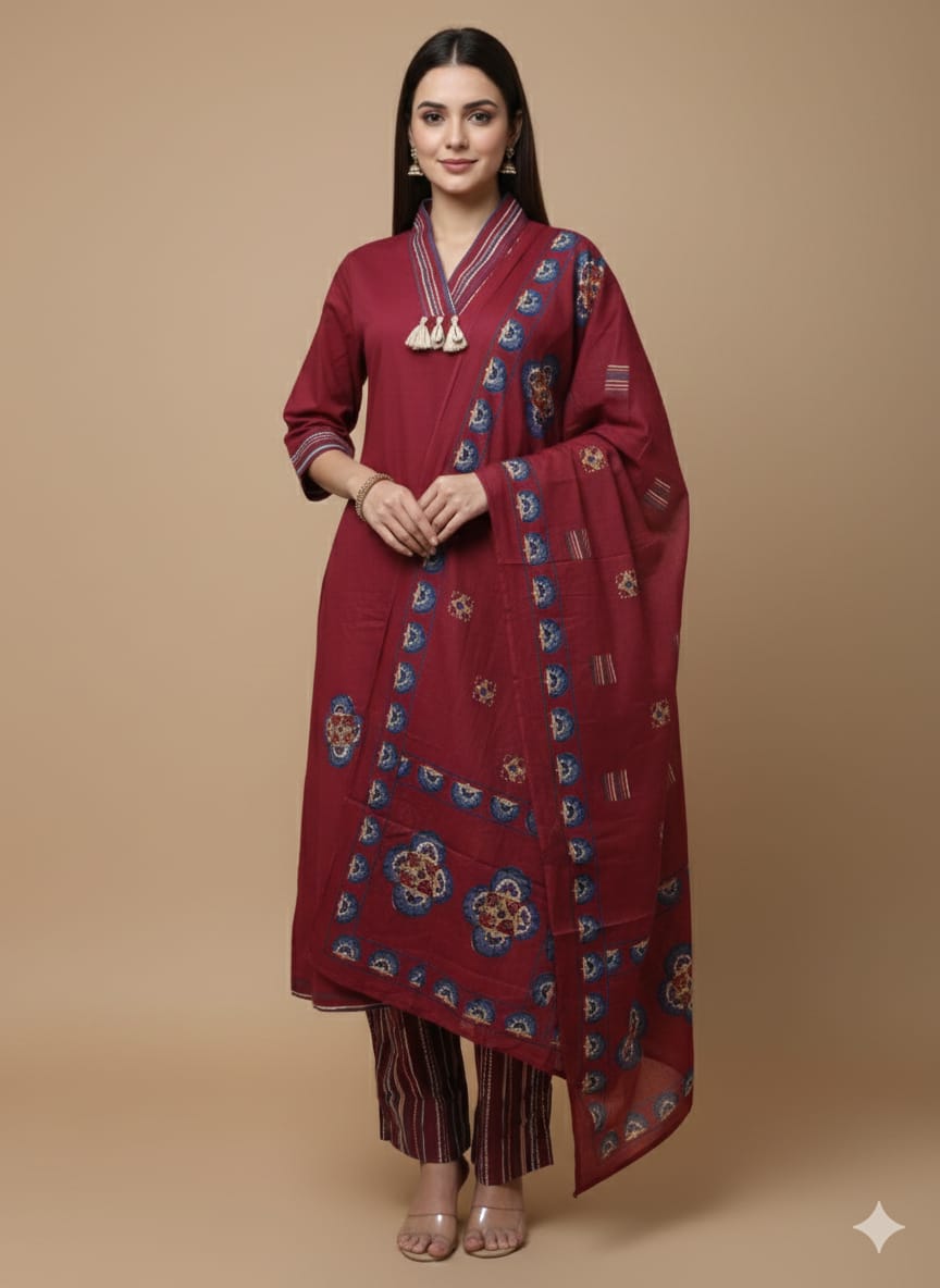 Crimson Red Printed Kurta Set with Dupatta & Striped Pants