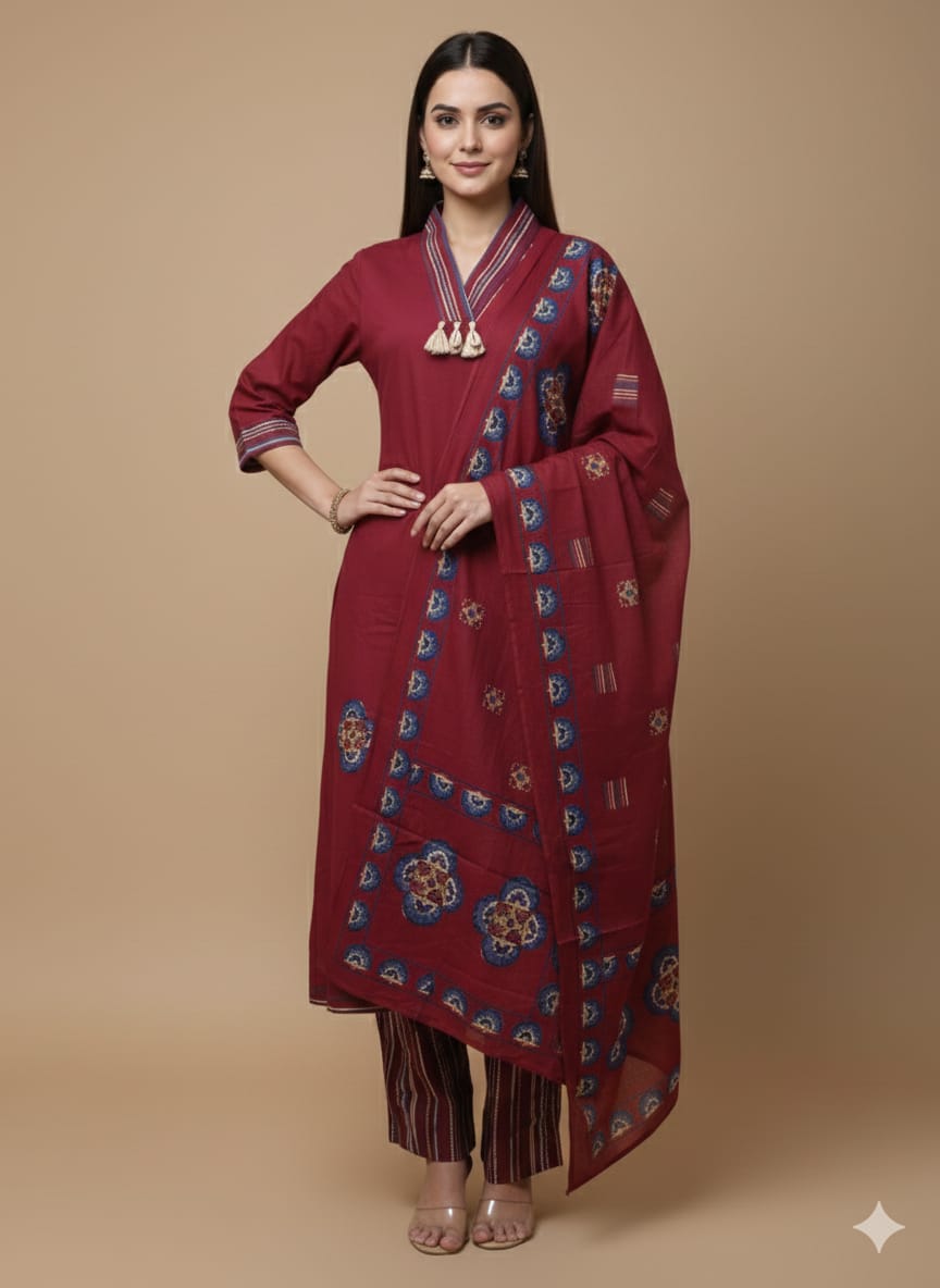 Crimson Red Printed Kurta Set with Dupatta & Striped Pants