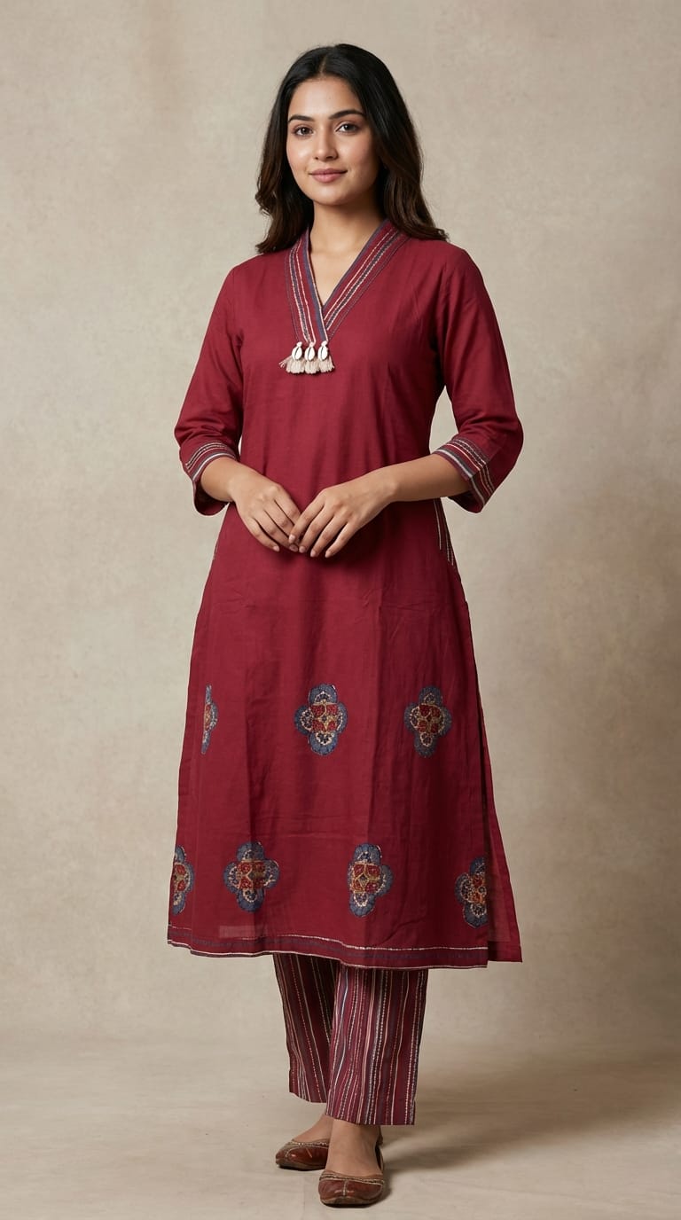 Crimson Red Printed Kurta Set with Dupatta & Striped Pants