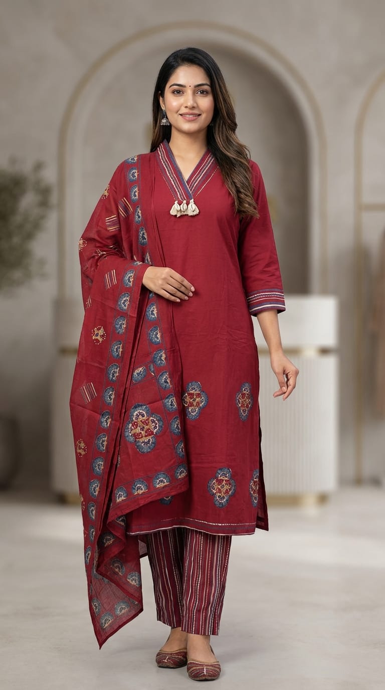Crimson Red Printed Kurta Set with Dupatta & Striped Pants