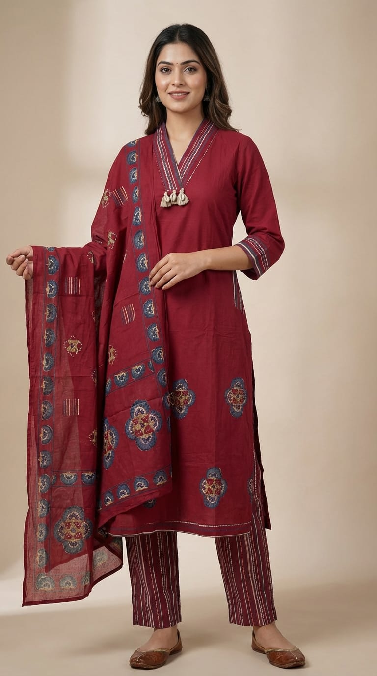 Crimson Red Printed Kurta Set with Dupatta & Striped Pants