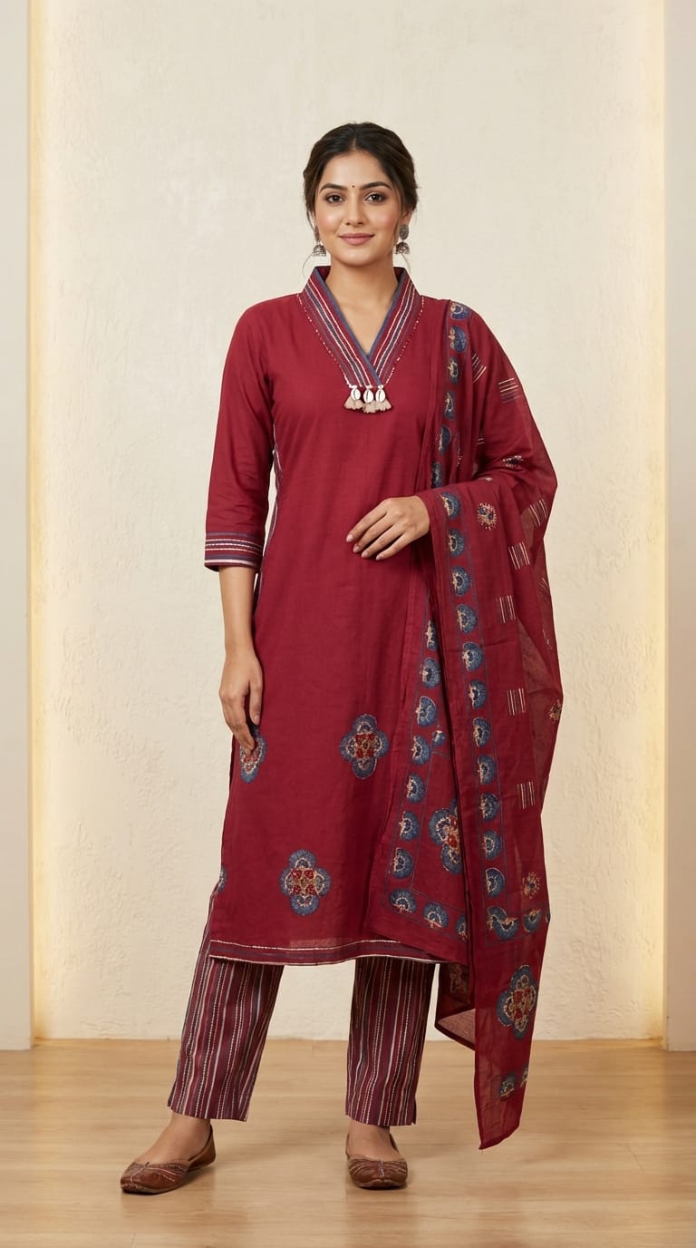 Crimson Red Printed Kurta Set with Dupatta & Striped Pants
