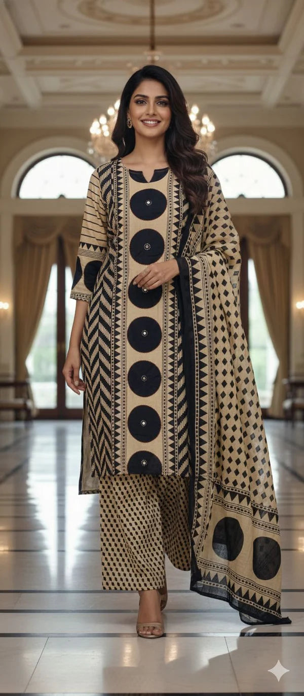 Beige & Black Ethnic Print Cotton Kurta Set with Dupatta